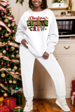 White Khaki Christmas Letter Print Round Neck Long Sleeve Sweatshirt and Pencil Sweatpants Fall Winter Two Pieces Sweatsuits Sets