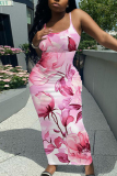 Light Green Floral Print Sleeveless Backless Spaghetti Strap Casual Outing Vacation Bodycon Cami Maxi Dress