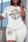 White Black Christmas Casual Skinny Skull Letter Print Round Neck Short Sleeve T-shirt and Shorts Two Pieces Matching Sets