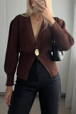 Brown Casual Button up Weave V Neck Long Lantern Sleeve Fall Winter Sweater Cardigans Coats Outerwear