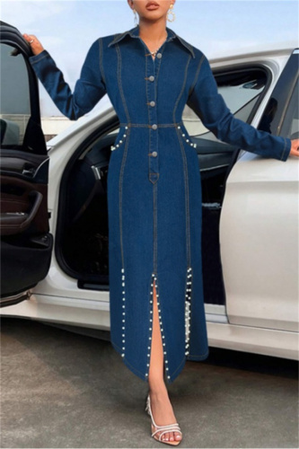 Dark Blue Casual Beading Turndown Collar Long Sleeve High Waist Buttons Slit Fitted Denim Maxi Dresses