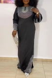Black Hot Drilling Embellished O Neck and Long Sleeve Side Slit Long Loose Formal Gathering Kaftan Maxi Dresses
