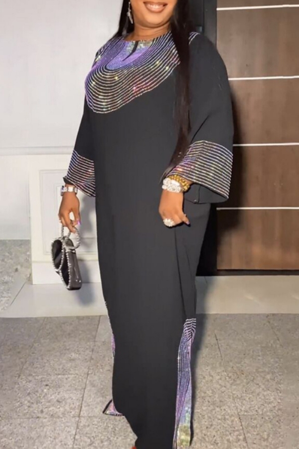 Black Hot Drilling Embellished O Neck and Long Sleeve Side Slit Long Loose Formal Gathering Kaftan Maxi Dresses