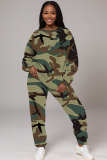 Dark Army Green Sportwear Camouflage Print Round Neck Long Sleeve Sweatshirt and Pencil Sweatpants Fall Winter Two Pieces Sweatsuits Sets