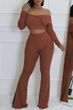 Red Skinny Casual Off Shoulder Lapel Collar Long Sleeve Crop Tops and Flare Leg Pants Two Pieces Sets