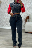 Sky Blue Skinny Denim Contrast Buckle Contrast Turndown Collar PU Patchwork Long Sleeve Jackets and Flared Jeans Two Pieces Sets