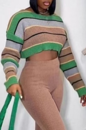Green Stripe Casual Loose Round Neck Long Sleeve Fall Winter Short Knitted Sweater Top