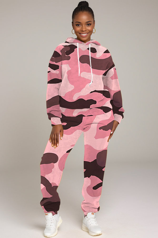 Pink Sportwear Camouflage Print Hooded Long Sleeve Sweatshirt and Pencil Sweatpants Fall Winter Two Pieces Sweatsuits Sets