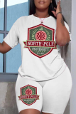 White Black Christmas Casual Skinny Skull Letter Print Round Neck Short Sleeve T-shirt and Shorts Two Pieces Matching Sets