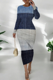Blue Casual Graphics Print O Neck Long Sleeve Wrapped Skirt Formal Office Lady Bodycon Midi Dresses
