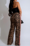 Casual Leopard Stripe Print Pocket Patchwork Loose High Waist Wide Leg Pants Bottoms