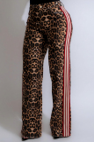 Casual Leopard Stripe Print Pocket Patchwork Loose High Waist Wide Leg Pants Bottoms