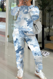 Light Blue Sportwear Camouflage Print Round Neck Long Sleeve Sweatshirt and Pencil Sweatpants Fall Winter Two Pieces Sweatsuits Sets