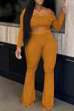 Red Skinny Casual Off Shoulder Lapel Collar Long Sleeve Crop Tops and Flare Leg Pants Two Pieces Sets
