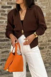 Brown Casual Button up Weave V Neck Long Lantern Sleeve Fall Winter Sweater Cardigans Coats Outerwear