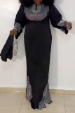 Black Hot Drilling Embellished O Neck and Long Sleeve Side Slit Long Loose Formal Gathering Kaftan Maxi Dresses