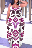 Blue Floral Print Sleeveless Backless Spaghetti Strap Floor Length Casual Outing Vacation Straight Loose Maxi Slip Dress