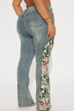 Blue Casual Skinny Floral Print Patchwork Pocket Buttons Zipper High Waist Flared Denim Jeans