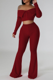 Red Skinny Casual Off Shoulder Lapel Collar Long Sleeve Crop Tops and Flare Leg Pants Two Pieces Sets
