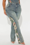 Blue Casual Skinny Floral Print Patchwork Pocket Buttons Zipper High Waist Flared Denim Jeans