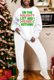 White Khaki Christmas Letter Print Round Neck Long Sleeve Sweatshirt and Pencil Sweatpants Fall Winter Two Pieces Sweatsuits Sets