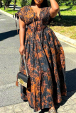 Black Yellow African Tie Dye Print V Neck Small Flying Sleeve Strap Design Long Loose Vacation Maxi Dresses