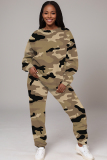 Dark Army Green Sportwear Camouflage Print Round Neck Long Sleeve Sweatshirt and Pencil Sweatpants Fall Winter Two Pieces Sweatsuits Sets