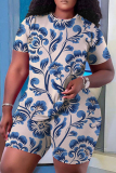 Multicolor Casual Skinny Floral Print Round Neck Short Sleeve T-shirt and Shorts Two Pieces Matching Sets