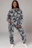 Dark Army Green Sportwear Camouflage Print Round Neck Long Sleeve Sweatshirt and Pencil Sweatpants Fall Winter Two Pieces Sweatsuits Sets