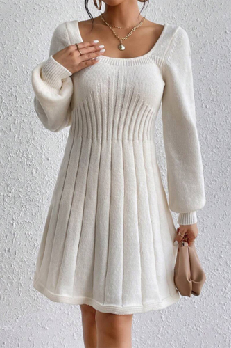 White Butterfly Lace Print Backless U Neck Lantern Sleeve A Line Pleated Mini Sweater Dresses