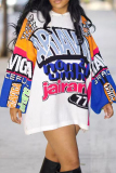White Blue Casual Loose Letters Contrast Patchwork Hooded Lantern Sleeve Long Sweatshirts Tops Dresses