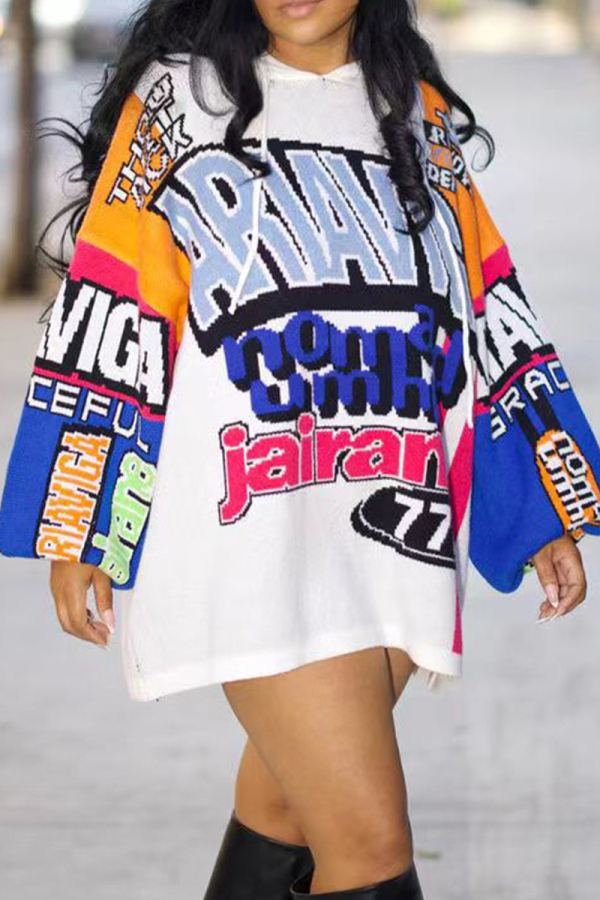 White Blue Casual Loose Letters Contrast Patchwork Hooded Lantern Sleeve Long Sweatshirts Tops Dresses