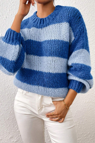 Blue Stripe Contrast Weave Casual Loose Round Neck Long Lantern Sleeve Fall Winter Knitted Sweater Top