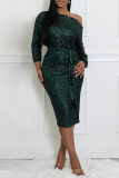 Purple Evening Party Formal Sequins Lace Up Oblique Collar Long Sleeve Bodycon Sparkling Midi Dresses