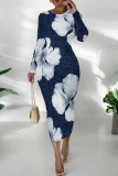 Blue Casual Graphics Print O Neck Long Sleeve Wrapped Skirt Formal Office Lady Bodycon Midi Dresses
