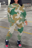 Army Green Sportwear Camouflage Print Round Neck Long Sleeve Sweatshirt and Pencil Sweatpants Fall Winter Two Pieces Sweatsuits Sets