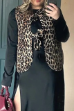 Casual Street Leopard Print Lace Up Tie-front Slit Round Neck Tops Vests Waistcoats