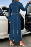 Dark Blue Casual Beading Turndown Collar Long Sleeve High Waist Buttons Slit Fitted Denim Maxi Dresses