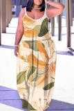 Blue Floral Print Sleeveless Backless Spaghetti Strap Floor Length Casual Outing Vacation Straight Loose Maxi Slip Dress