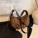 Black Suede Daily Leopard Print Zipper Fall Winter Shoulder Crossbody Sling Dumpling Bags