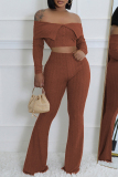 Red Skinny Casual Off Shoulder Lapel Collar Long Sleeve Crop Tops and Flare Leg Pants Two Pieces Sets