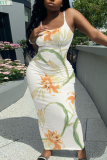 Light Green Floral Print Sleeveless Backless Spaghetti Strap Casual Outing Vacation Bodycon Cami Maxi Dress