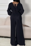 Dark Blue Casual Party Club Lace Up Elastic Waist V Neck Long Lantern Sleeve Wide Leg Jumpsuits