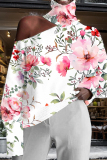 Light Pink Casual Floral Print Hollow Out Turtleneck Long Sleeve Fall Winter Blouse