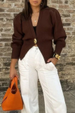 Brown Casual Button up Weave V Neck Long Lantern Sleeve Fall Winter Sweater Cardigans Coats Outerwear