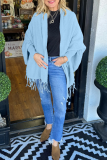 Light Grey Casual Fringed Trim Long Batwing Sleeve Fall Winter Knitting Cardigan Coats Cloaks Outerwear