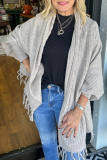 Light Grey Casual Fringed Trim Long Batwing Sleeve Fall Winter Knitting Cardigan Coats Cloaks Outerwear