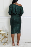 Purple Evening Party Formal Sequins Lace Up Oblique Collar Long Sleeve Bodycon Sparkling Midi Dresses