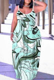 Blue Floral Print Sleeveless Backless Spaghetti Strap Floor Length Casual Outing Vacation Straight Loose Maxi Slip Dress