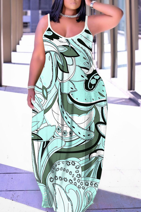 Blue Floral Print Sleeveless Backless Spaghetti Strap Floor Length Casual Outing Vacation Straight Loose Maxi Slip Dress